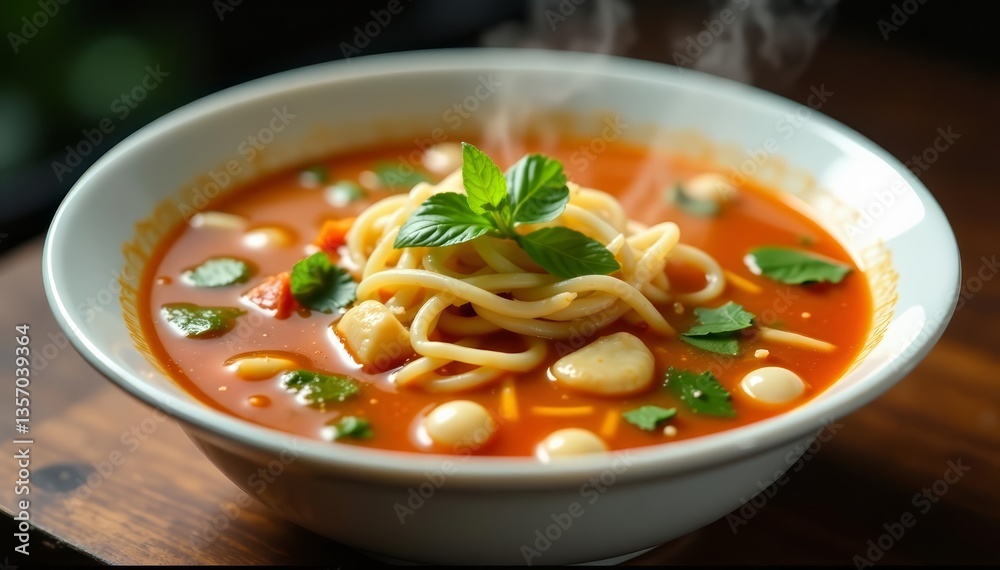 Close-up of steaming hot Asian soup with noodles and vegetables in white bowl, hot, soup, vegetables Close-up of steaming hot Asian soup with noodles and vegetables in white bowl, hot, soup, vegetables