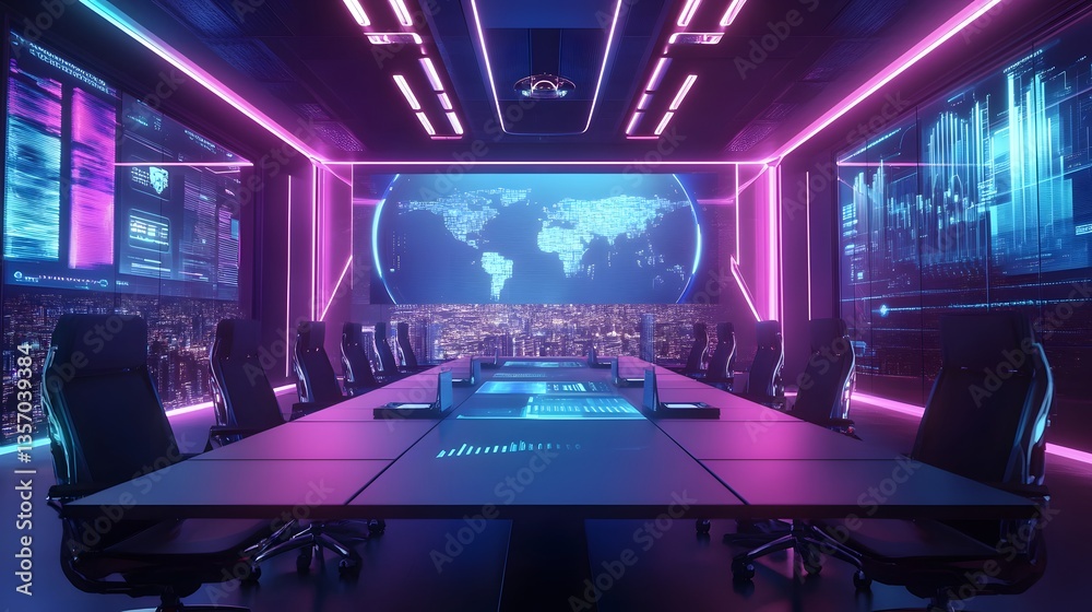 futuristic boardroom with neon lights and a world map display futuristic boardroom with neon lights and a world map display