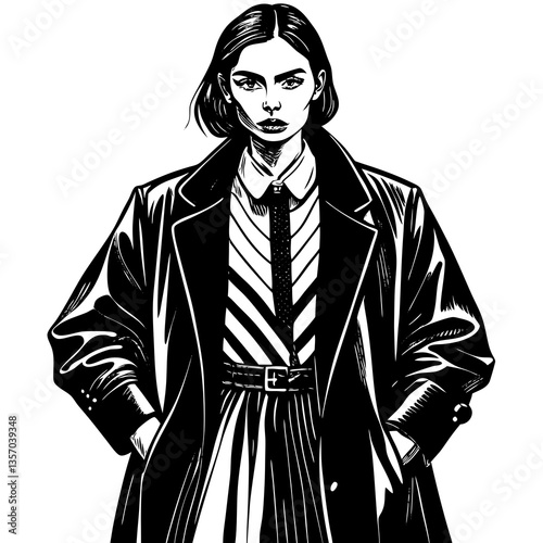 Bold Stylish Woman in Black Coat  Fashion Illustration