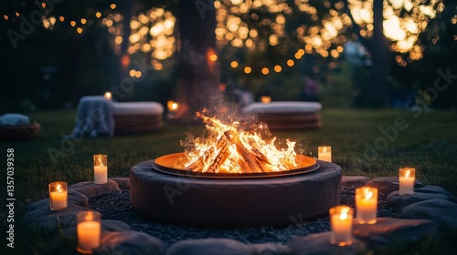 Cozy evening bonfire with surrounding candles and lights