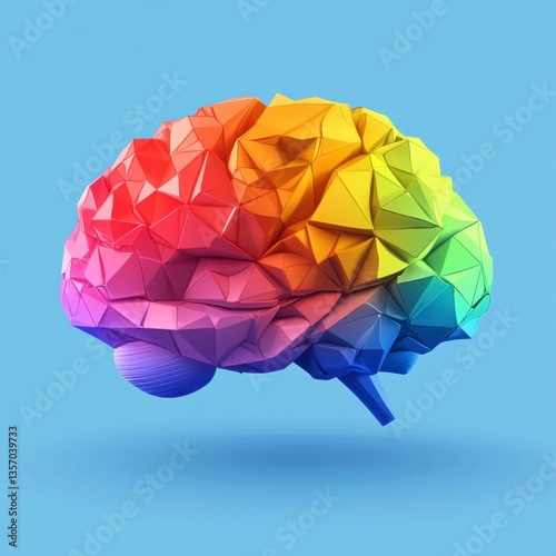 Abstract low poly rainbow brain model on a light blue background. The brain is rendered in a vibrant spectrum of colors, with a detailed polygonal structure. The image is clean and modern.