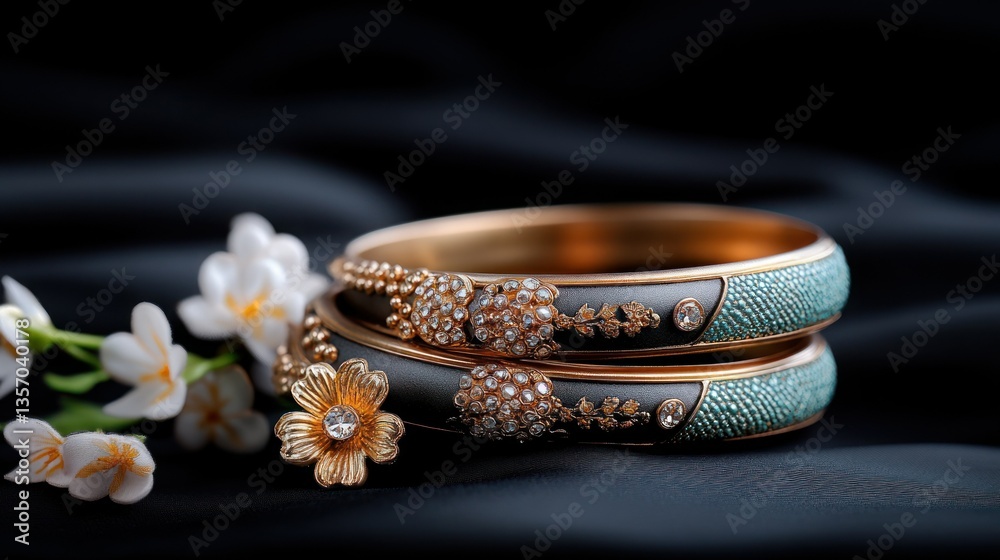 Elegant gold bangles with black and teal enamel, rhinestones, and flowers on dark fabric, for jewelry catalog Elegant gold bangles with black and teal enamel, rhinestones, and flowers on dark fabric, for jewelry catalog