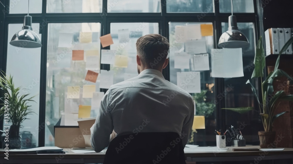 Focused Businessman Strategizing with Sticky Notes on Window