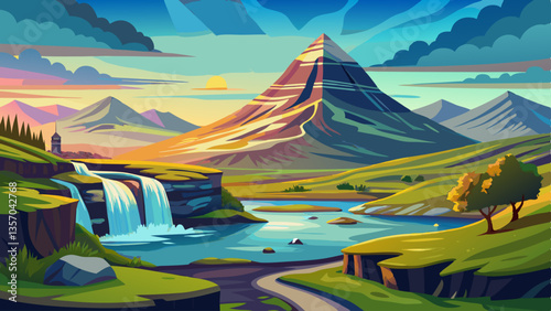 Iceland Kirkjufellsfoss and Kirkjufell in northern Iceland nature landscape.