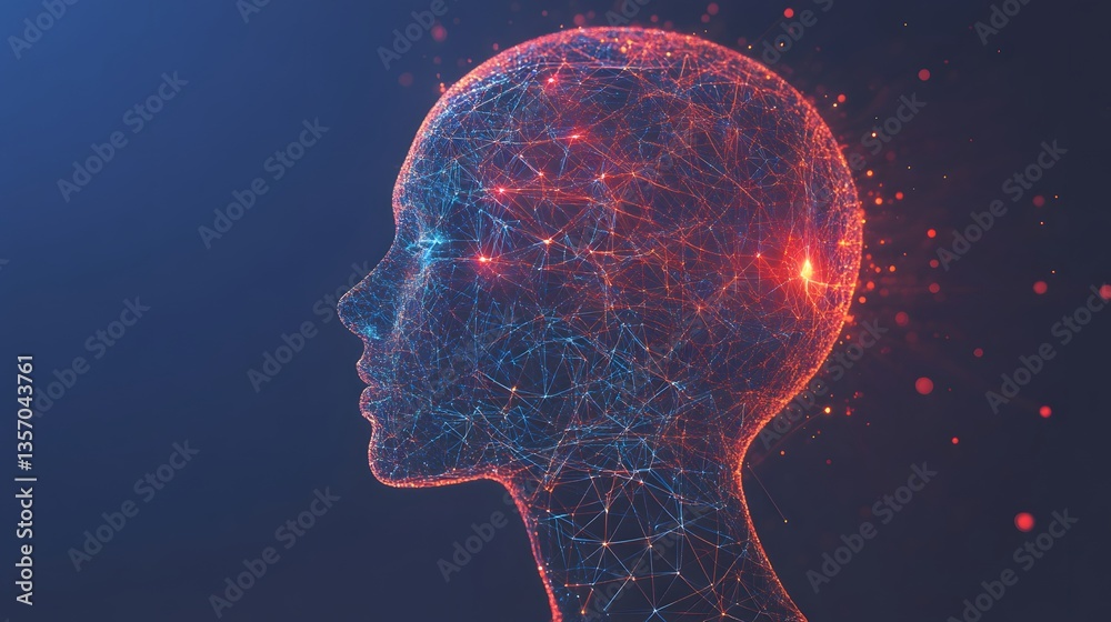 An artistic representation of a human head composed of interconnected lines and dots, glowing with energy. The image highlights the concept of artificial intelligence, machine learning. An artistic representation of a human head composed of interconnected lines and dots, glowing with energy. The image highlights the concept of artificial intelligence, machine learning.