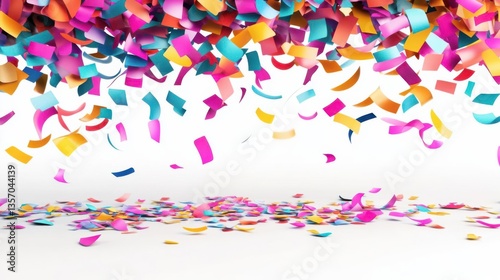Colorful confetti falling against a white backdrop, creating a festive atmosphere for celebrations
