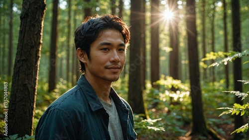 Happy Japanese Man in Sun-Dappled Forest Clearing: Smiling Individual Enjoying the Peace and Beauty of a Natural Woodland Setting