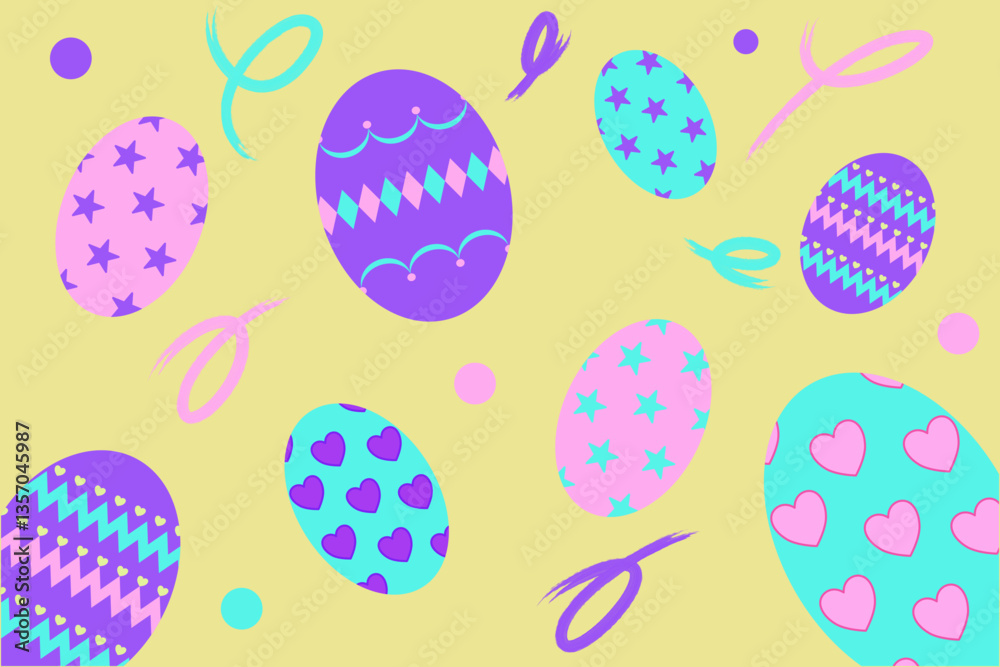 Happy Easter Day; eggs and rabbits in pastel colors Happy Easter Day; eggs and rabbits in pastel colors