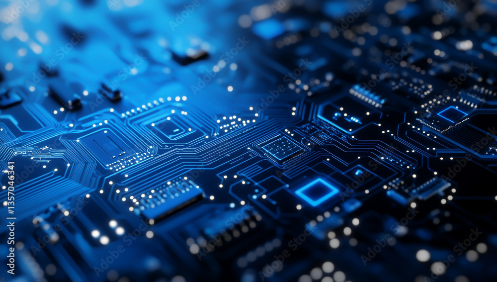 Abstract blue circuit board background with chips and other electronic components. Abstract blue circuit board background with chips and other electronic components.