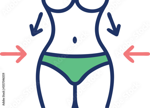 Simple, graphic illustration of a woman's midsection with arrows pointing inward toward the waist, suggesting weight loss.