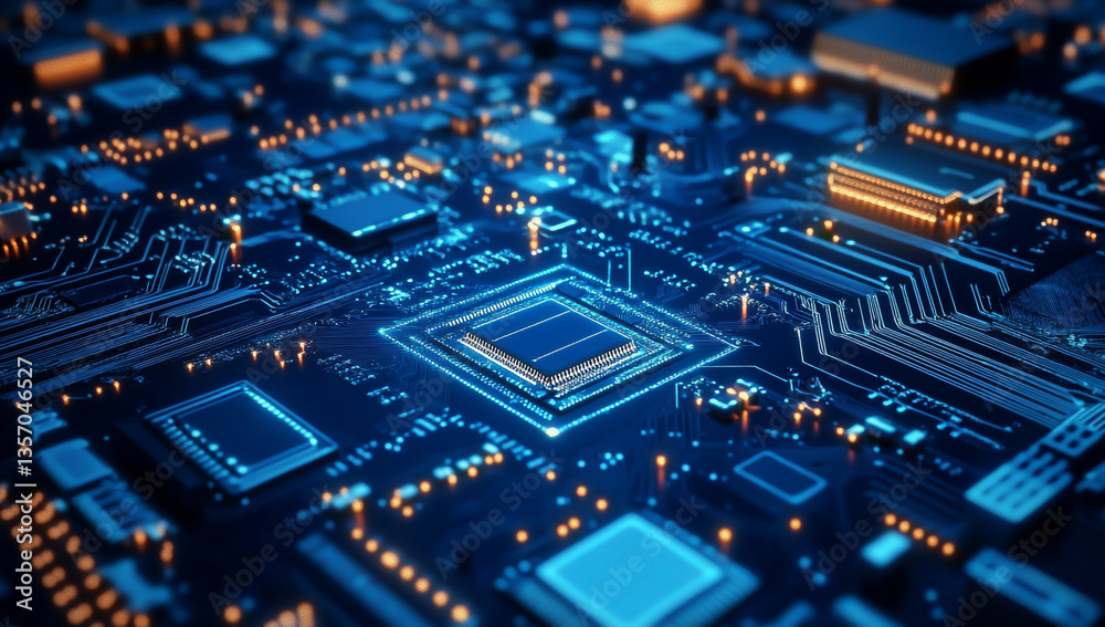Abstract blue circuit board background with chips and other electronic components. Abstract blue circuit board background with chips and other electronic components.