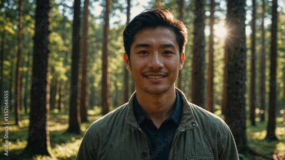 Cheerful Japanese Man in a Sunny Forest Clearing: Smiling Individual Surrounded by Tall Trees in a Natural Outdoor Setting Cheerful Japanese Man in a Sunny Forest Clearing: Smiling Individual Surrounded by Tall Trees in a Natural Outdoor Setting