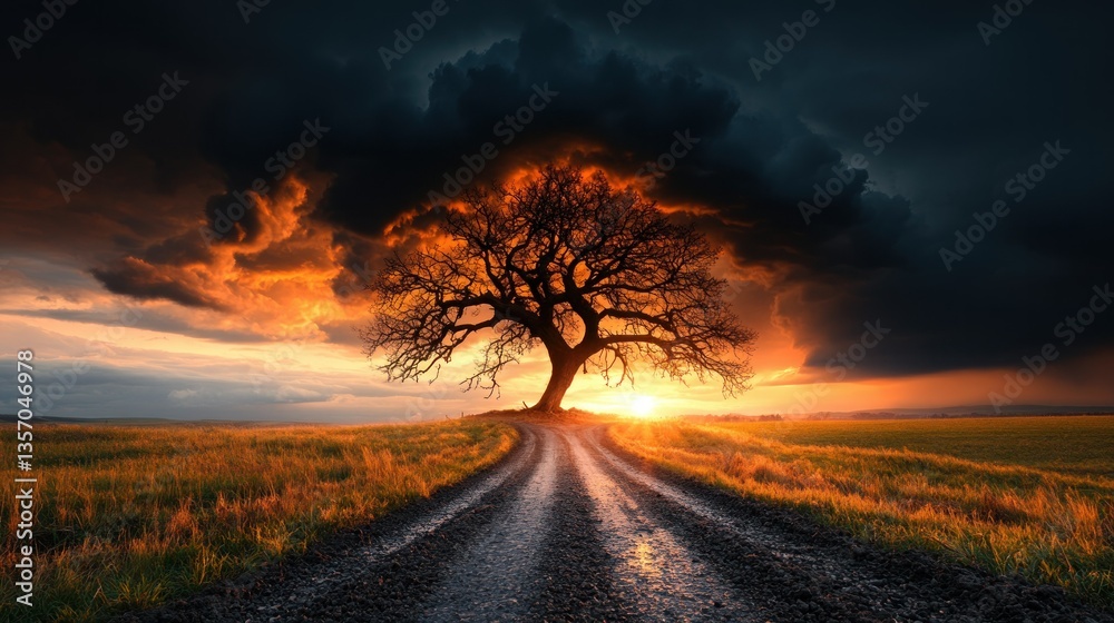 Sunrise over lone tree, dirt road through field, dramatic clouds. Possible use Inspirational landscape background Sunrise over lone tree, dirt road through field, dramatic clouds. Possible use Inspirational landscape background