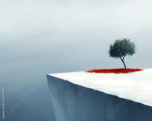 Lone Tree with Cliff Edge, and Foggy Landscape.