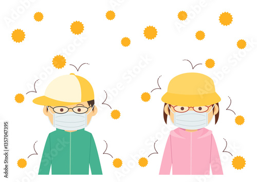 飛散する花粉と花粉症対策をする子どものイメージイラスト
