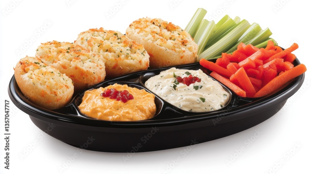 Appetizer platter with cheesy bread, vegetable sticks, and two creamy dips. Food photography, close up. Appetizer platter with cheesy bread, vegetable sticks, and two creamy dips. Food photography, close up.