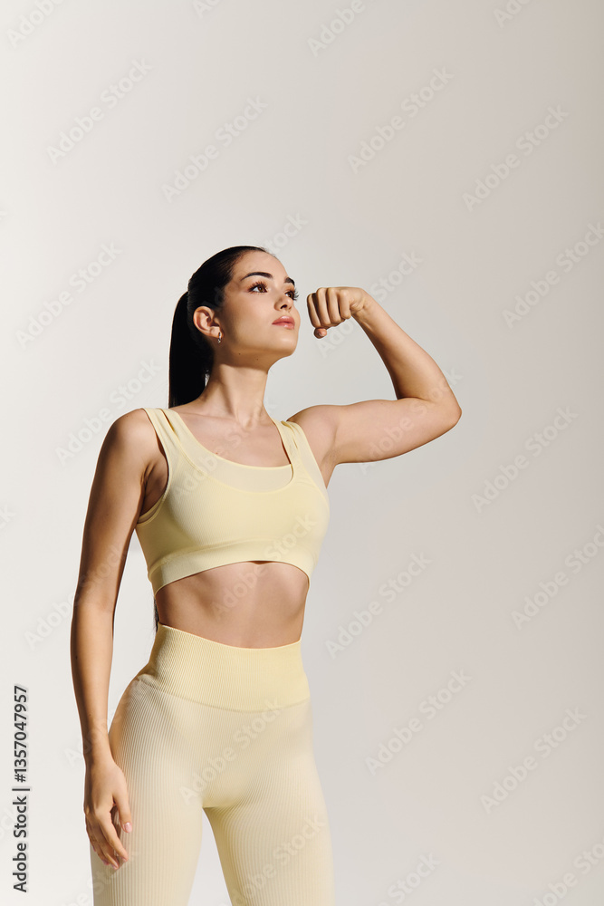 Fototapeta premium Young beautiful sporty woman flexing her muscles in a dynamic exercise pose indoors
