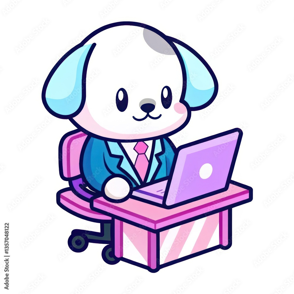 a cartoon puppy is diligently working on a laptop at his desk a cartoon puppy is diligently working on a laptop at his desk