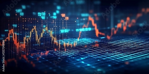 Panoramic abstract backdrop with stock market growth/down, digital financial chart graphs and indicators. Superlative generative AI image