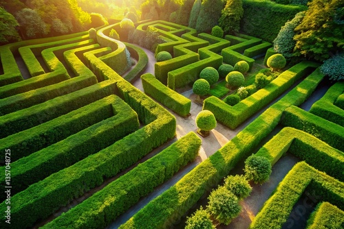 Aerial View of a Lush Green Maze, Intricate Pathways Winding Through Tall Hedges, Landscape Photography