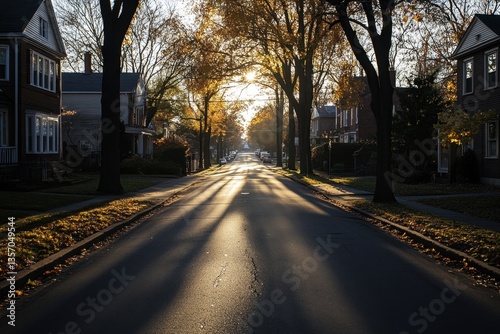 A street with long morning shadows cast by an early sunrise, representing the time change effect