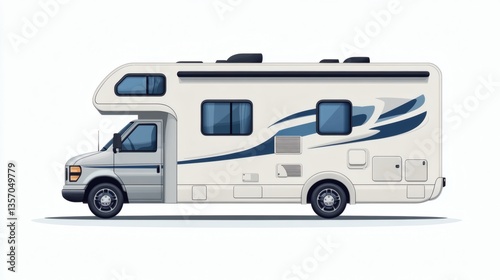 Class C RV motorhome, side view, white with blue stripes, isolated on white background.