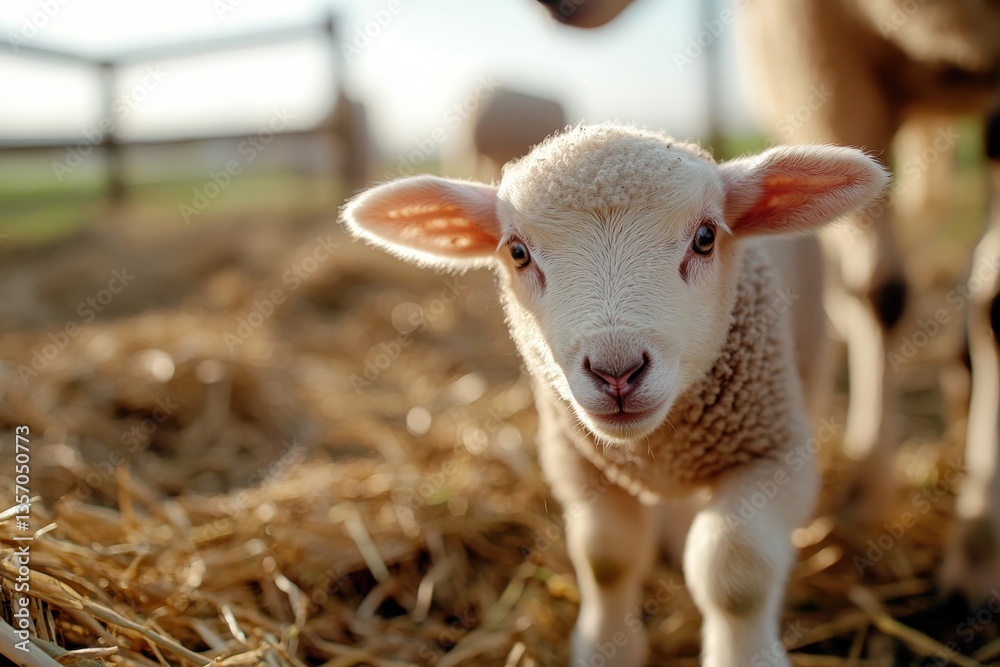 Fototapeta premium An endearing close-up of a sheep lamb in a natural habitat, portraying the pure innocence of nature and offering a heartwarming glance for any animal lover.