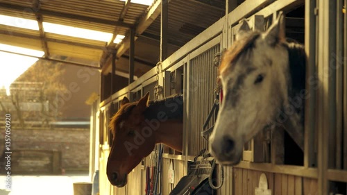 Two Horses Looking Out from Stable Stalls in Beautiful Light