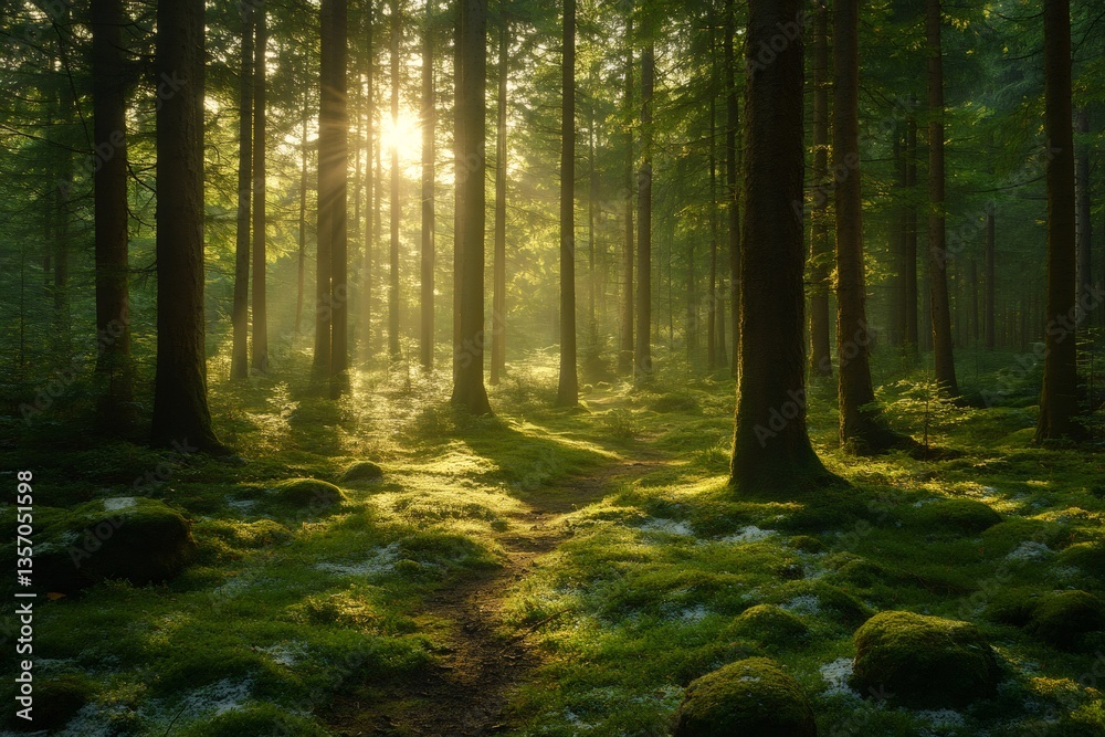 Obraz premium Sunbeams filtering through trees in magical forest