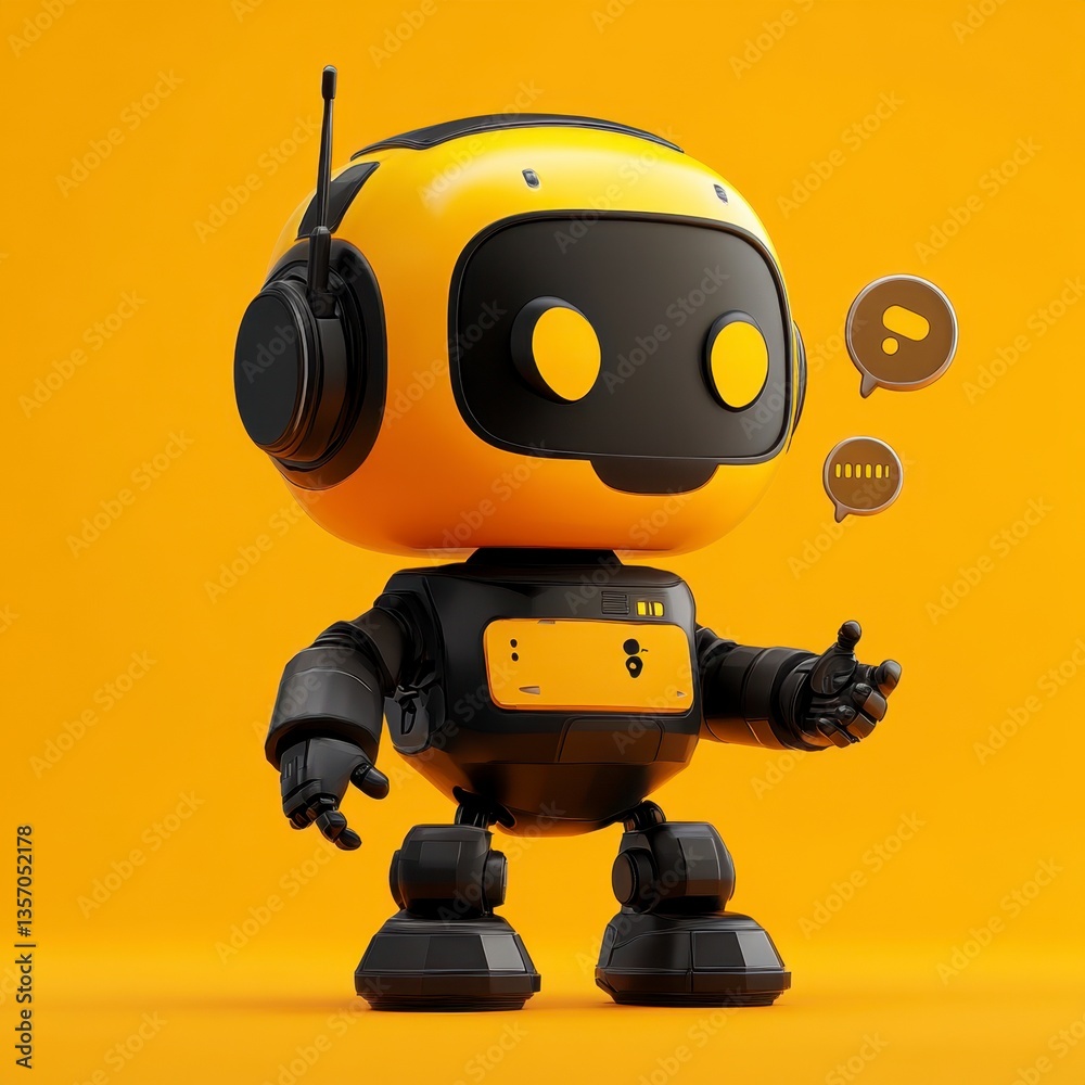Friendly yellow and black robot with speech bubbles, 3D rendering on a yellow background.
