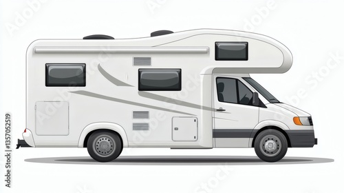 White campervan illustration, side view, showing details like windows, vents, and door.