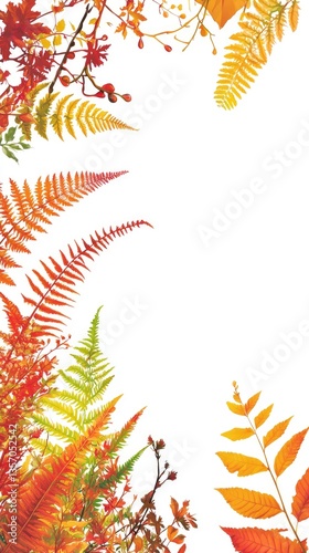 Autumn ferns frame, vibrant colors, nature background, design element