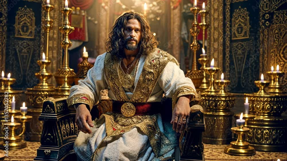 Unhappy biblical king in ornate robe sitting on a golden throne under candlelight 4K
