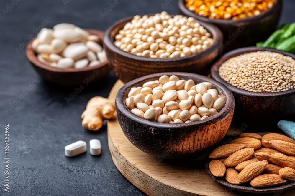 Various legumes, grains, nuts, ginger root and pills resting on dark surface Various legumes, grains, nuts, ginger root and pills resting on dark surface