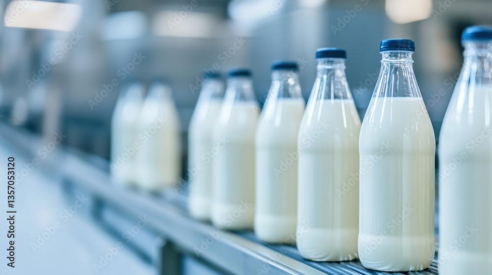 Bottles of milk on a production line in a factory setting. Bottles of milk on a production line in a factory setting.