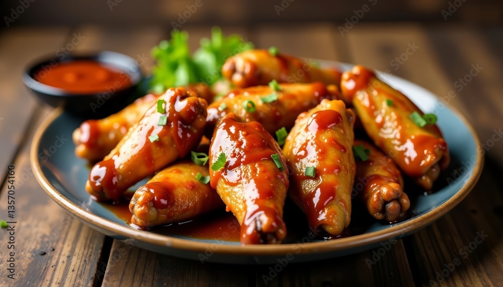 Platter of grilled chicken wings on wooden table, BBQ sauce drizzle, wings, wooden