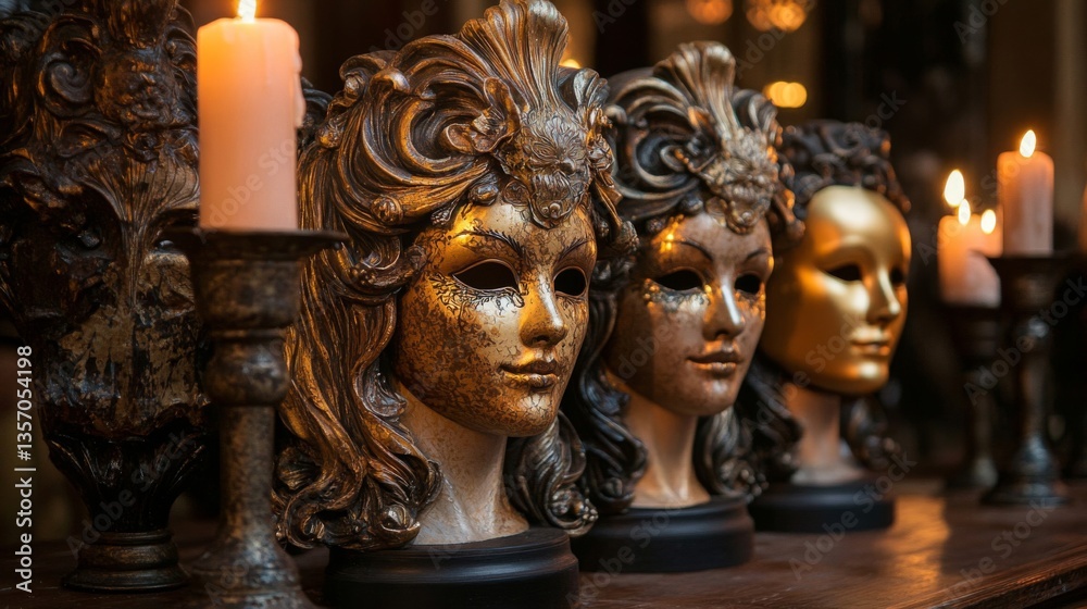 Obraz premium Ornate Gold Masks Adorn Dark Wooden Stands