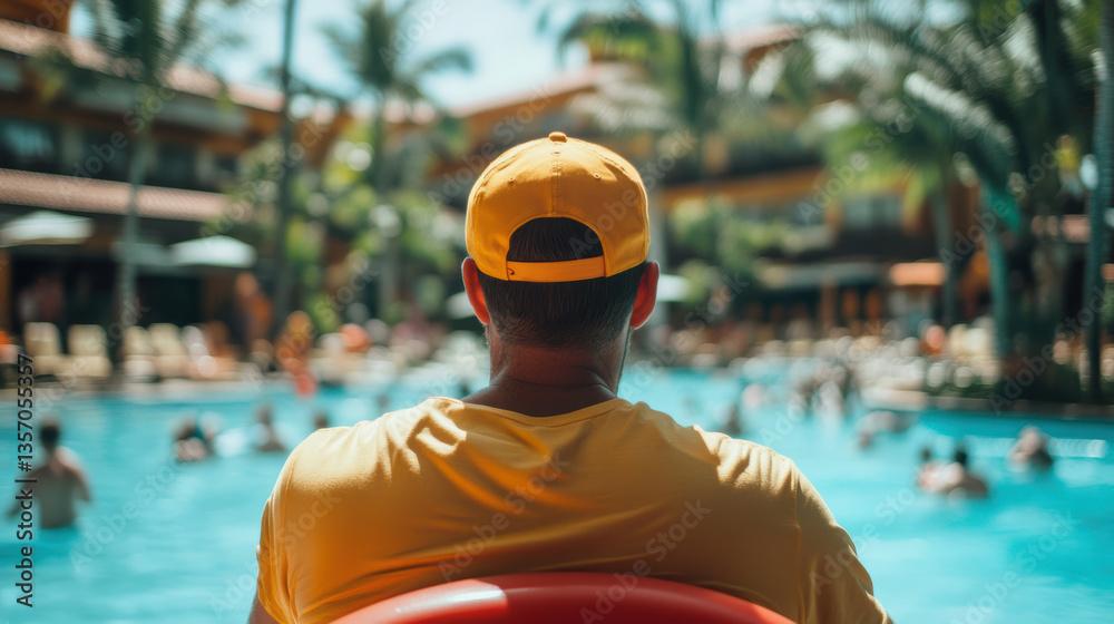 Hotel lifeguard sits by a tropical pool, keeping an eye on the safety of hotel guests