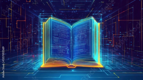 Glowing digital book in a futuristic circuit background.