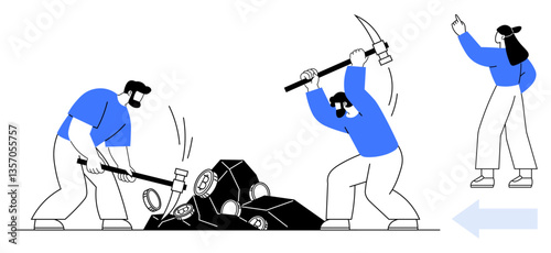 Workers breaking rocks with tools while being guided by a leader pointing direction. Ideal for teamwork, leadership, labor, mining, guidance, collaboration, productivity. Flat simple metaphor