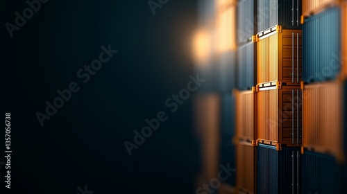 A close-up of stacked shipping containers, featuring contrasting colors and textures against a dark background, emphasizing industrial design.