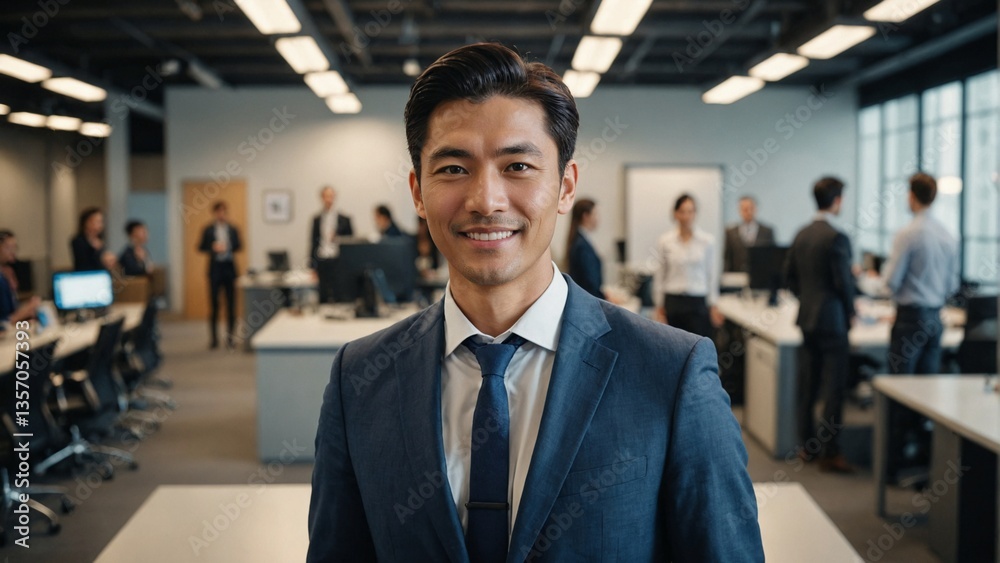 Fototapeta premium Friendly Japanese Professional in a Diverse Office Setting, Suitable for Content Representing Employee Engagement, Positive Work Environment, and Company Culture