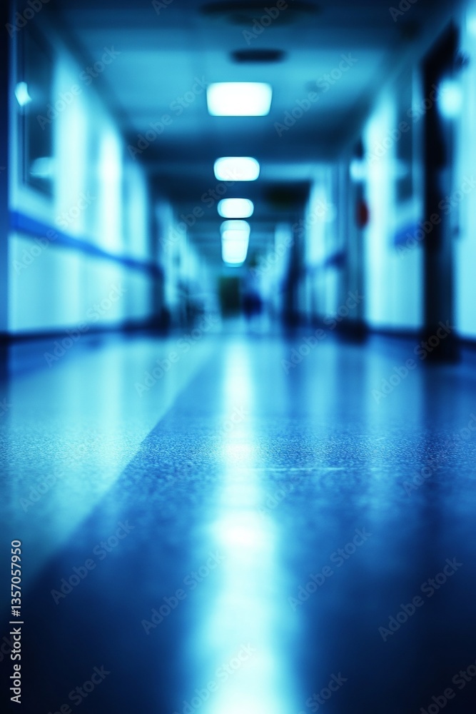 Empty Blurred Hospital Corridor, Abstract Medical Background With Empty Hallway in Blue Tones Empty Blurred Hospital Corridor, Abstract Medical Background With Empty Hallway in Blue Tones