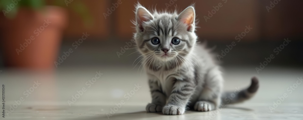 Naklejka premium Playful gray kitten with big eyes and fluffy tail, tail, pet