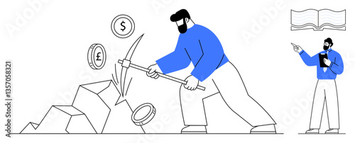Man mining rocks releasing dollar, euro, and pound coins analyst with notes and book observing activity. Ideal for economics, finance, investment, wealth, business analysis metaphor. Flat simple