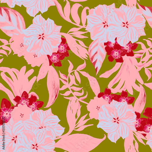 Tropical pattern, floral, leaves. Digital print in Repeat (rapport), Resolution 300 DPI, ideal for fashion, decoration and stationery.