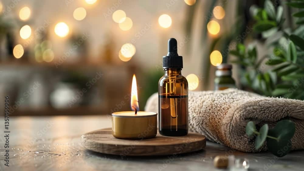 A calming scene featuring a candle and essential oil, perfect for relaxation and wellness imagery. A calming scene featuring a candle and essential oil, perfect for relaxation and wellness imagery.