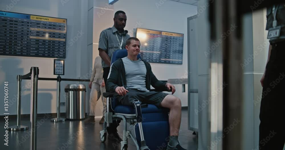 Security Checkpoint in Airport Terminal: Man with Prosthetic Leg Getting Up from Wheelchair, Passing X-ray Metal Detector Scanner, Security Staff Helping Man. Passengers During Screening Procedures.