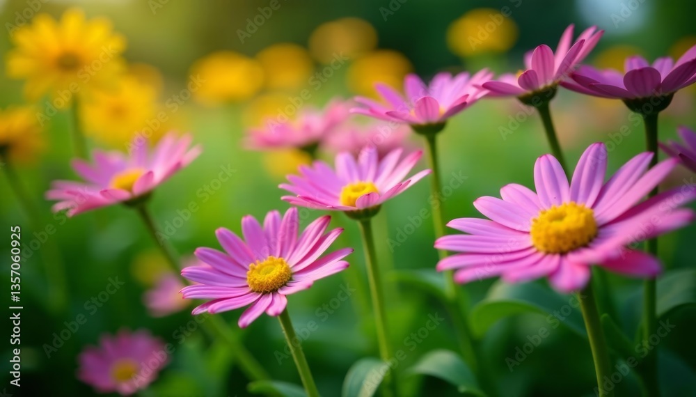 Beautiful daisies blooming in a garden with green foliage, USA, blooms Beautiful daisies blooming in a garden with green foliage, USA, blooms