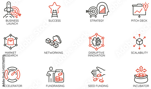 Vector Set of Linear Icons Related to Startup, Entrepreneurship and Business Idea. Mono line pictograms and infographics design elements - part 2